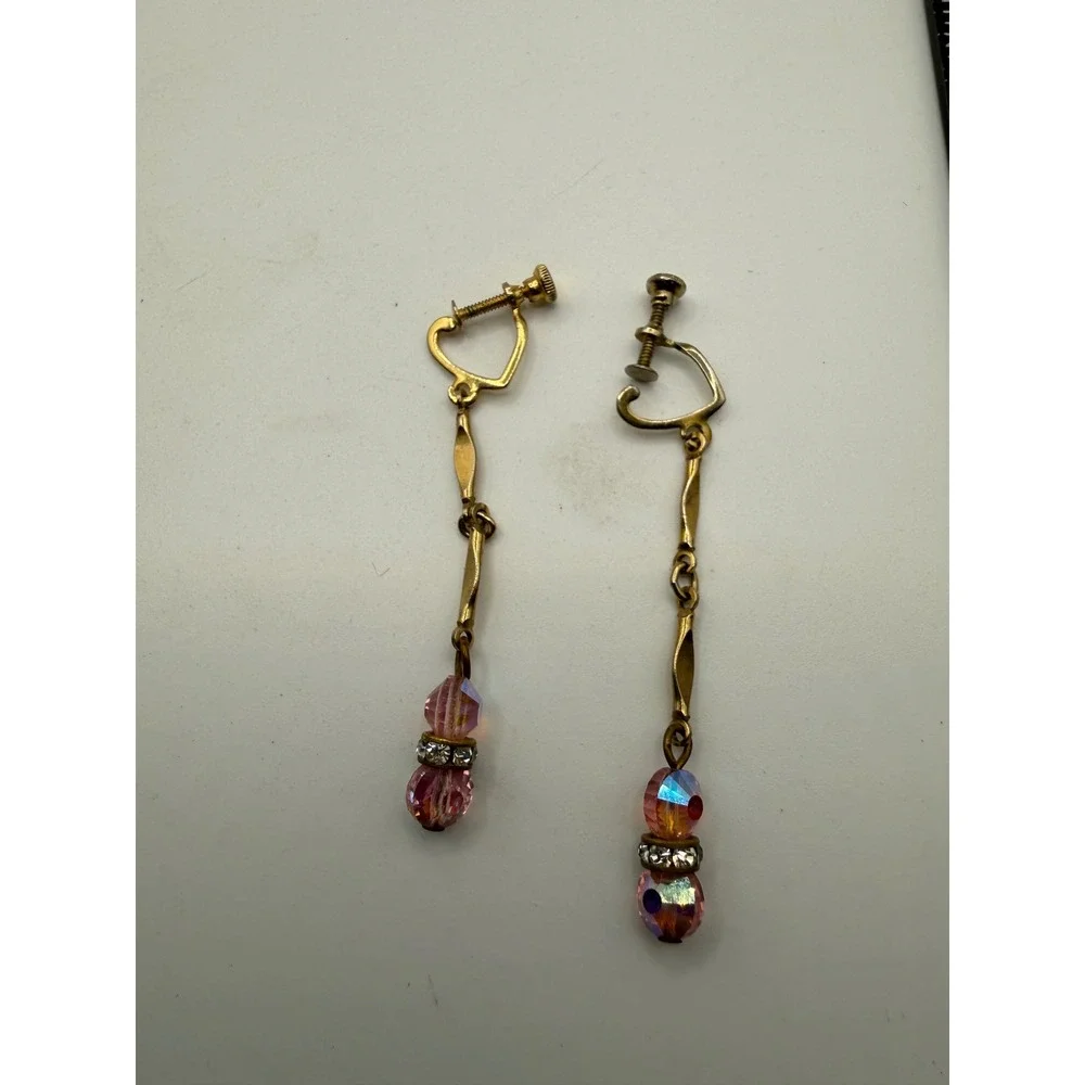 Vintage‎ Pink Aurora Borealis Crystal Dangle Screw Back Earrings Gold Tone Heart